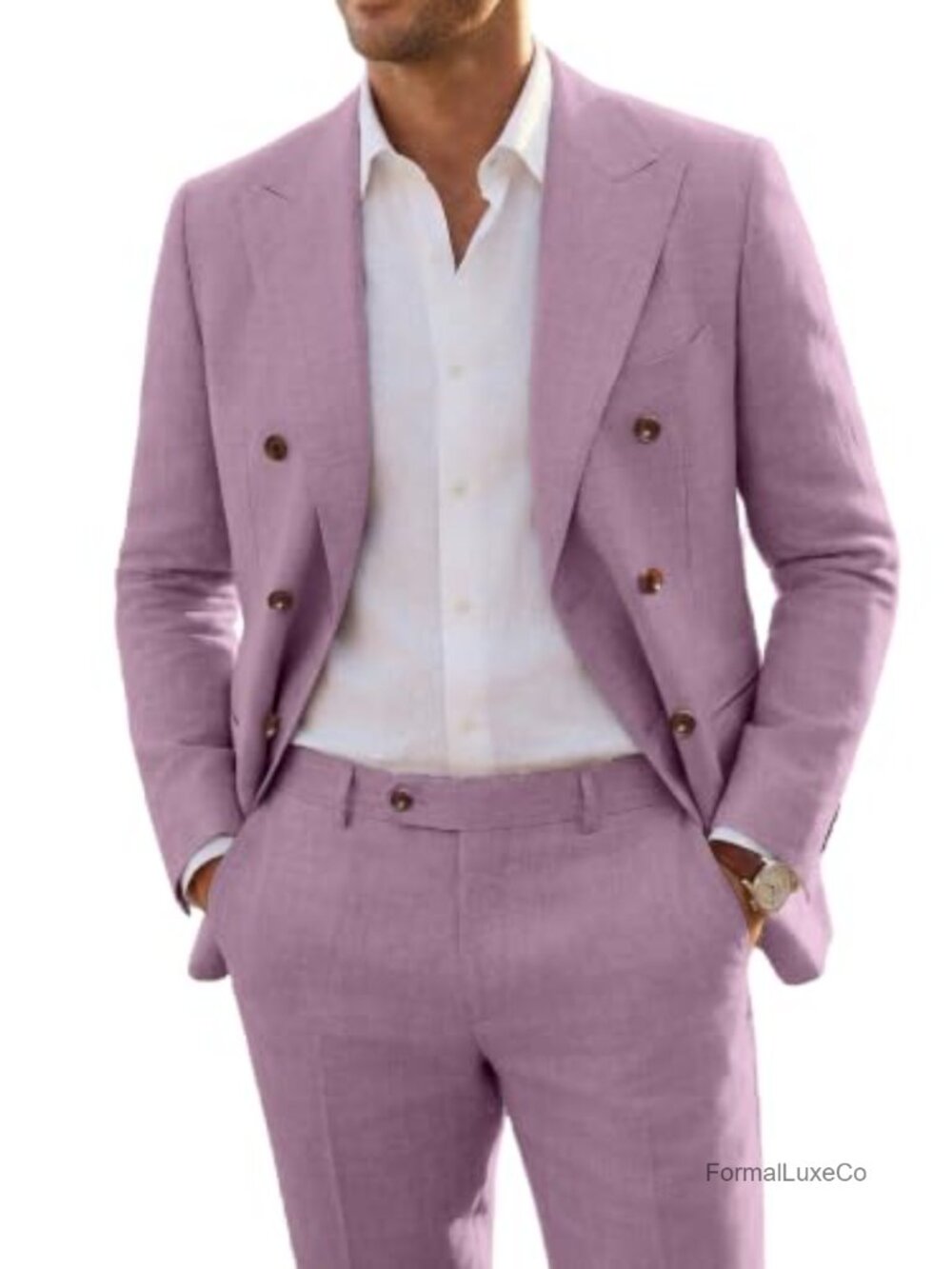 Mens Linen 2 Piece Suit Slim Fit Double Breasted Tuxedos